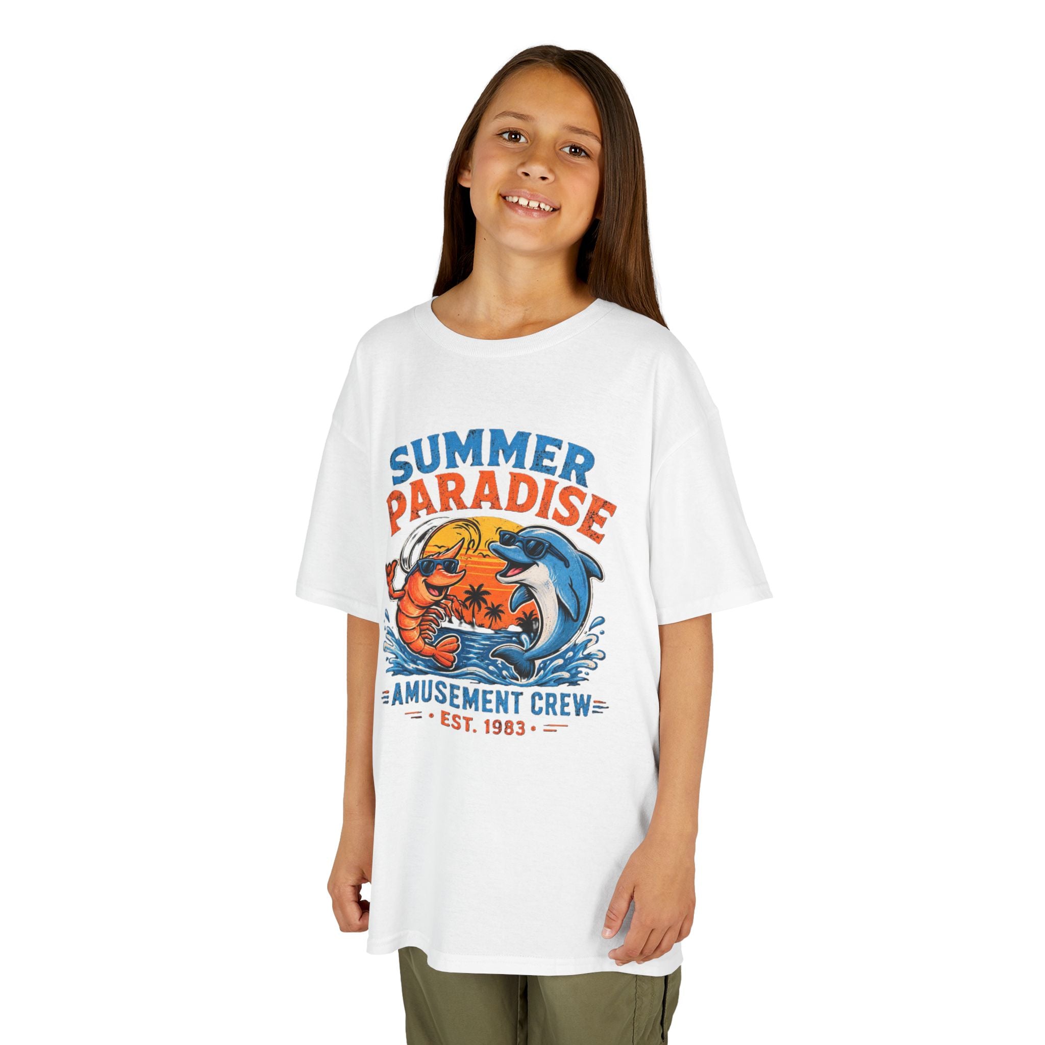 Kids T-Shirt - 'Summer Paradise' Amusement Crew Dolphin & Crab Beach Graphic
