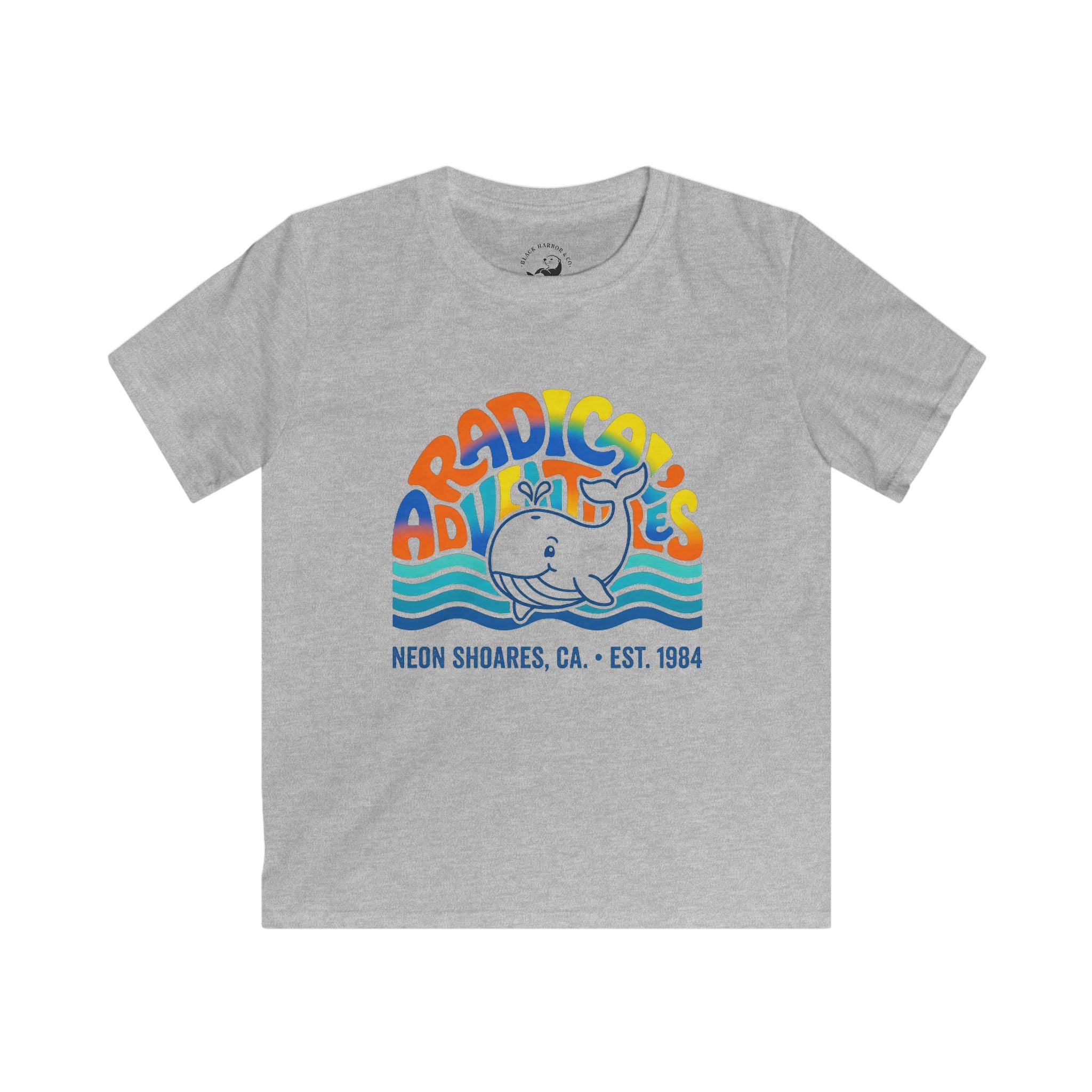 Kids T-Shirt — "Adradicules" Whale Retro Surf Tee (Neon Shores, CA)