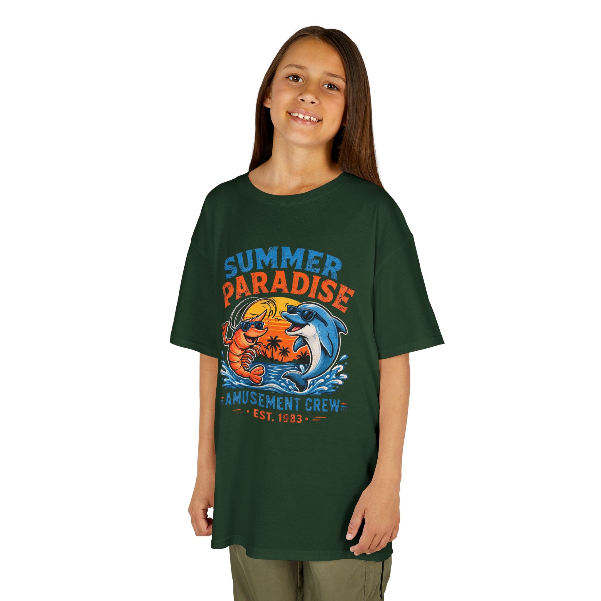Kids T-Shirt - 'Summer Paradise' Amusement Crew Dolphin & Crab Beach Graphic