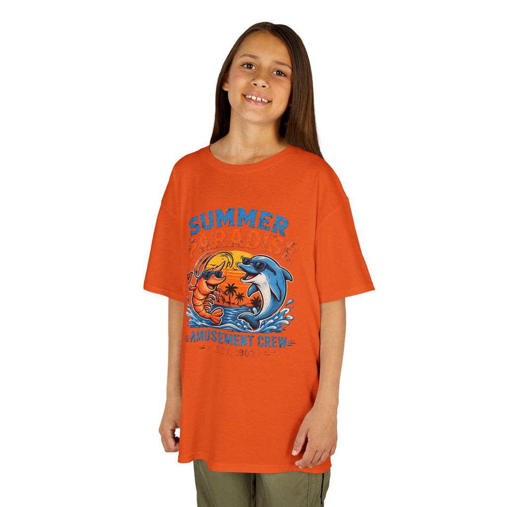 Kids T-Shirt - 'Summer Paradise' Amusement Crew Dolphin & Crab Beach Graphic
