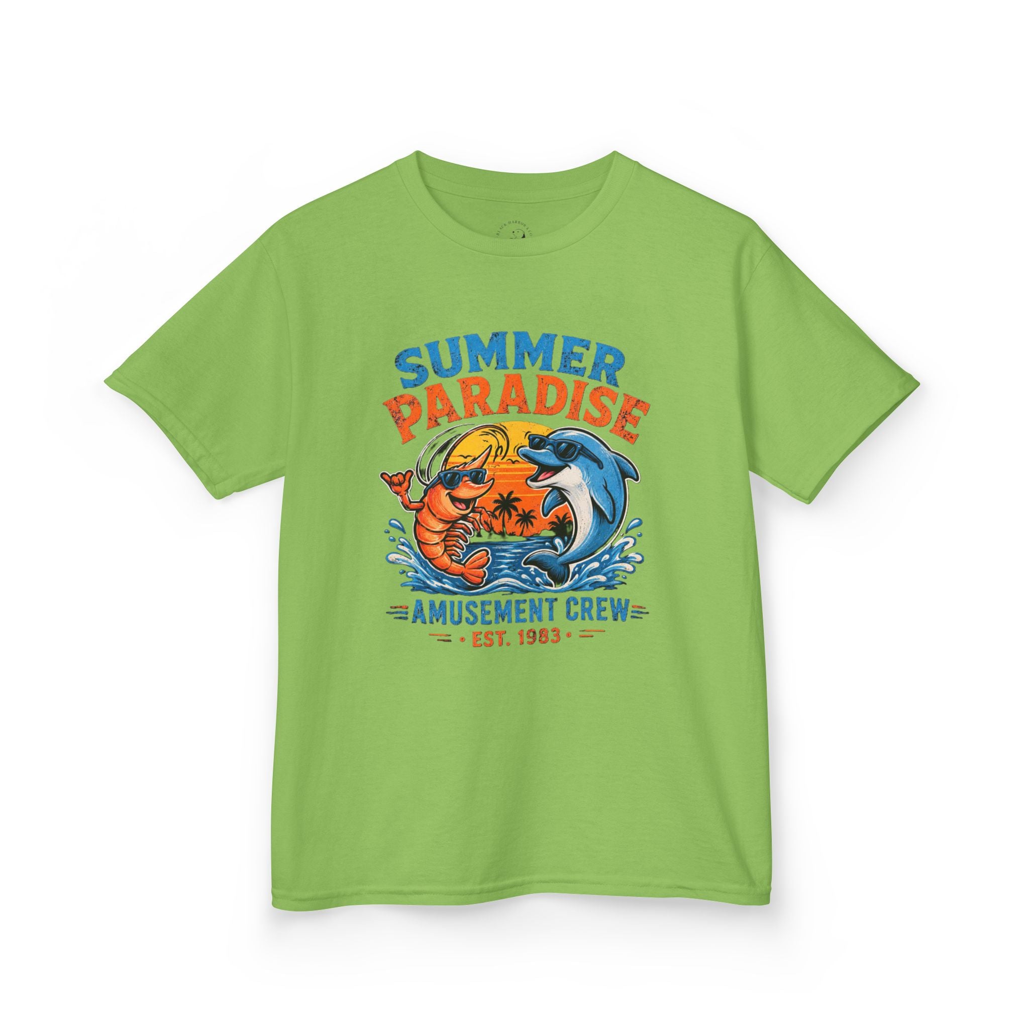 Kids T-Shirt - 'Summer Paradise' Amusement Crew Dolphin & Crab Beach Graphic