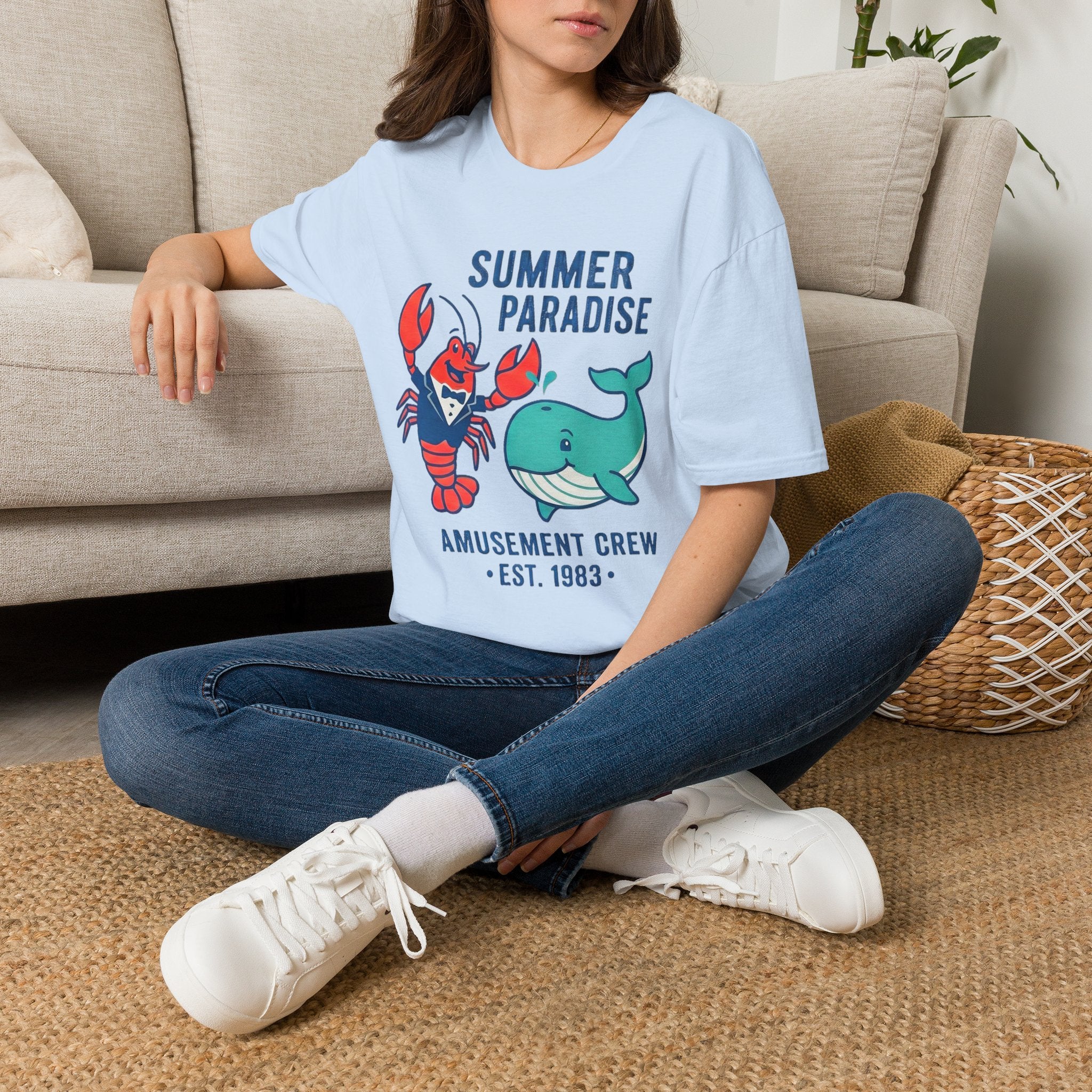 Summer Paradise Adult T-Shirt — Amusement Crew Whale & Lobster Graphic