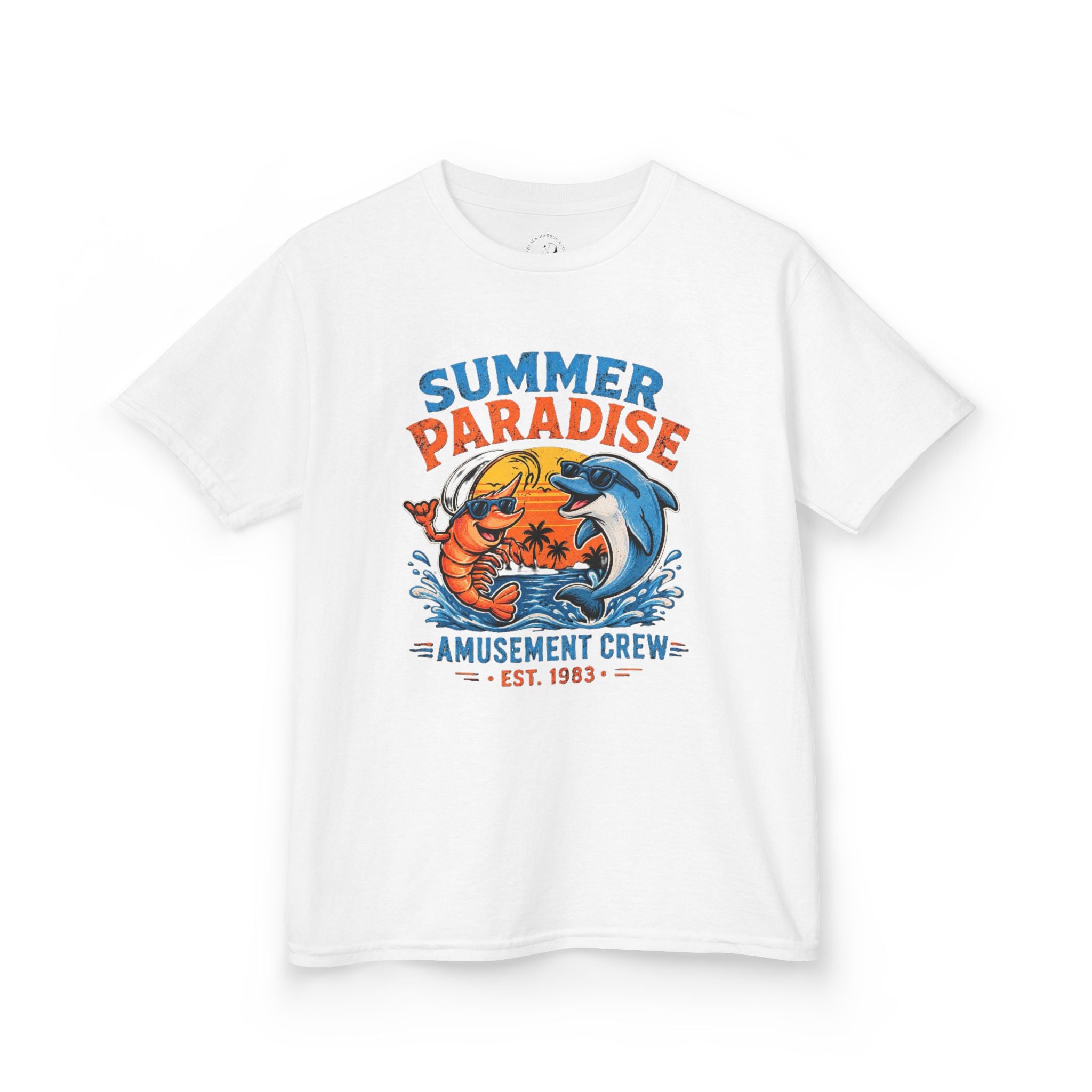 Kids T-Shirt - 'Summer Paradise' Amusement Crew Dolphin & Crab Beach Graphic