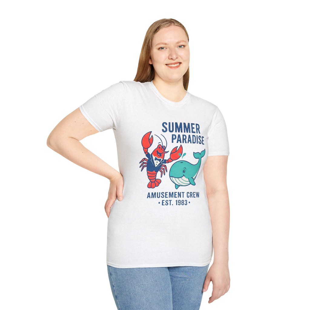 Summer Paradise Adult T-Shirt — Amusement Crew Whale & Lobster Graphic