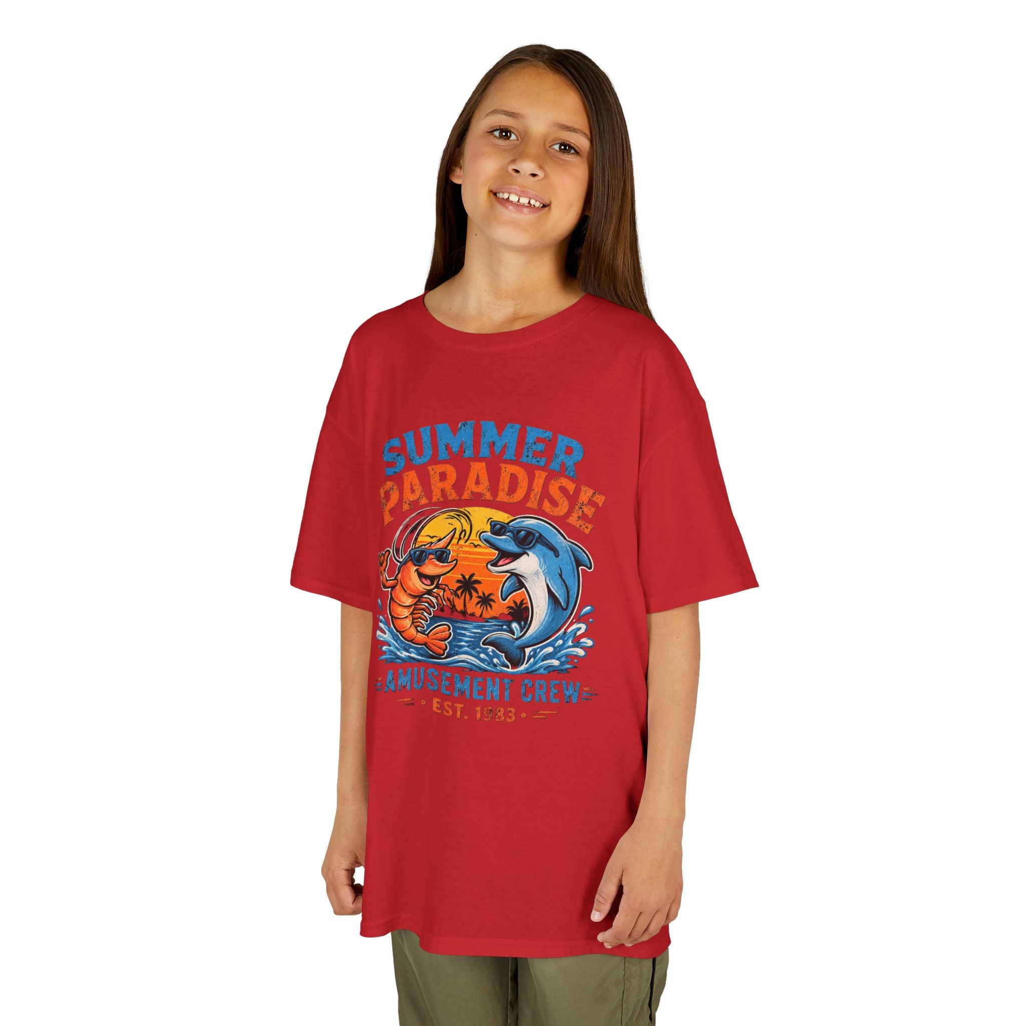 Kids T-Shirt - 'Summer Paradise' Amusement Crew Dolphin & Crab Beach Graphic