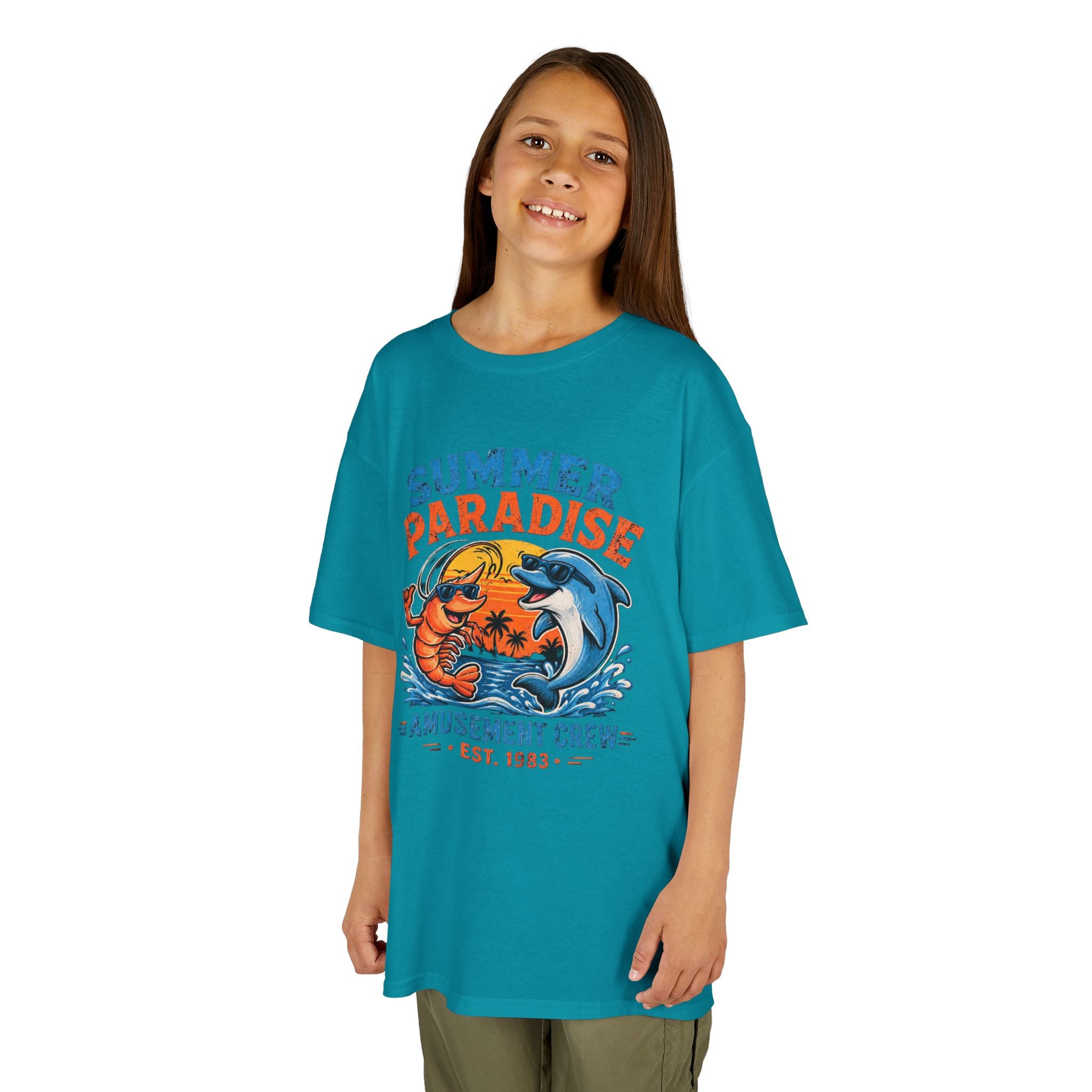 Kids T-Shirt - 'Summer Paradise' Amusement Crew Dolphin & Crab Beach Graphic