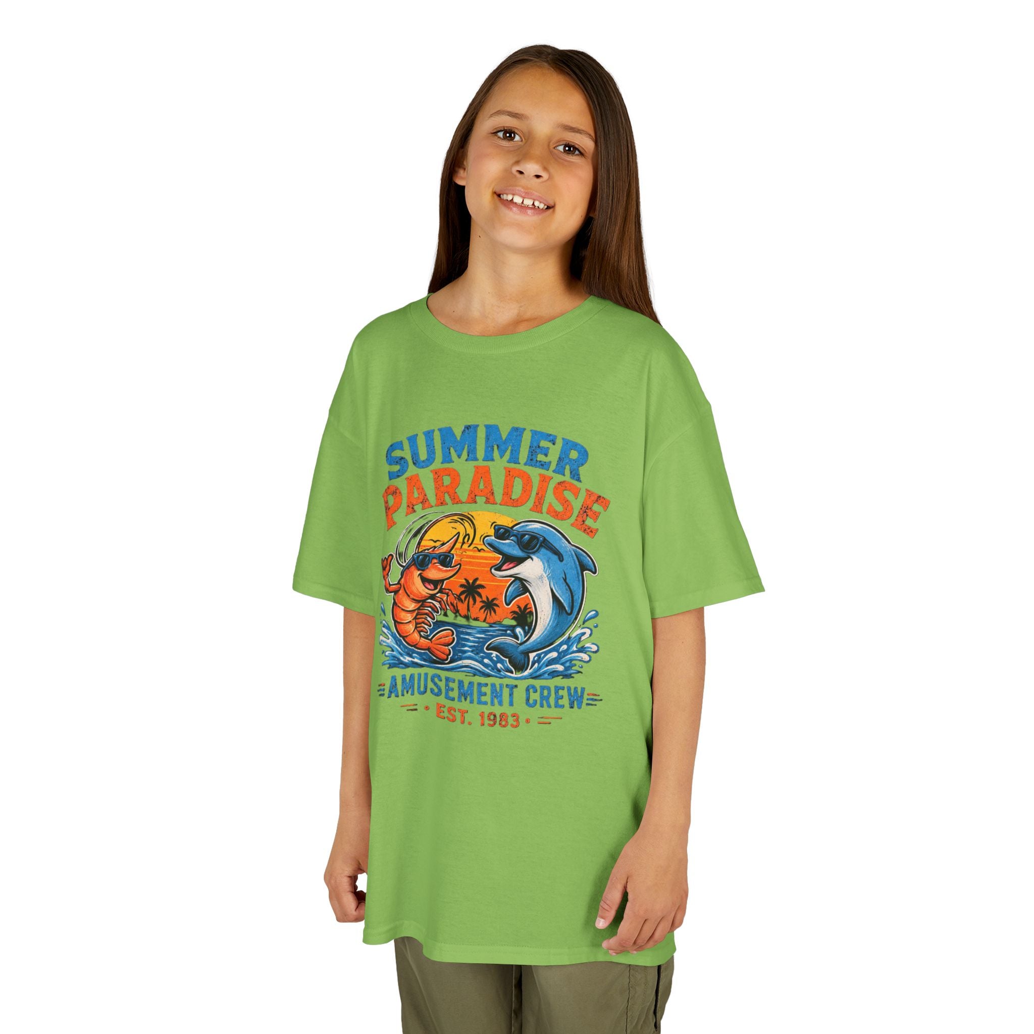 Kids T-Shirt - 'Summer Paradise' Amusement Crew Dolphin & Crab Beach Graphic