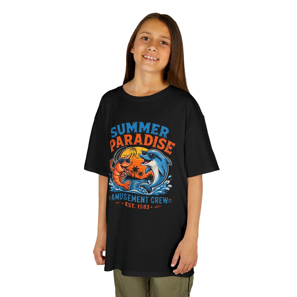 Kids T-Shirt - 'Summer Paradise' Amusement Crew Dolphin & Crab Beach Graphic