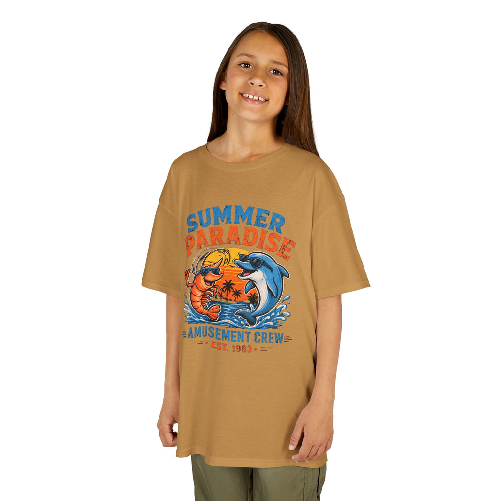 Kids T-Shirt - 'Summer Paradise' Amusement Crew Dolphin & Crab Beach Graphic