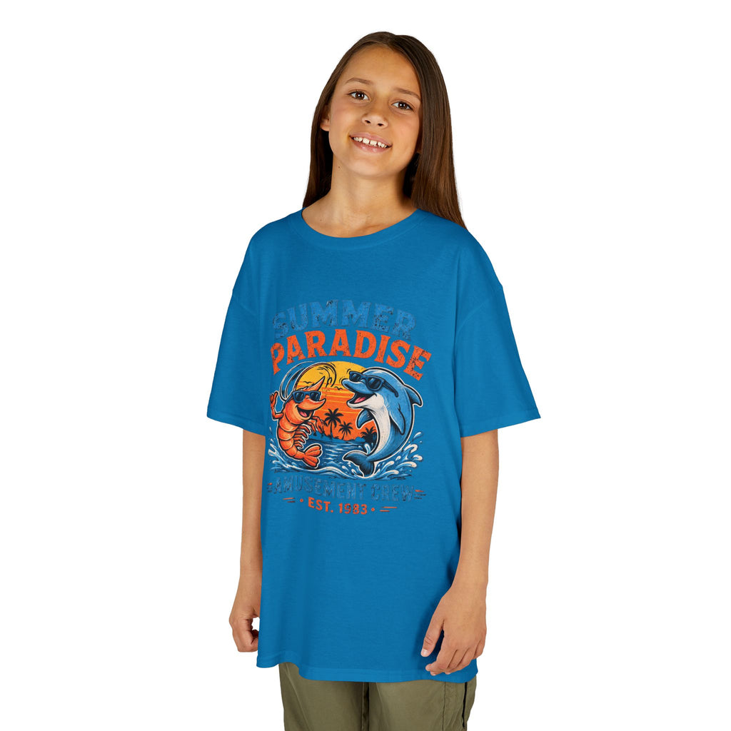 Kids T-Shirt - 'Summer Paradise' Amusement Crew Dolphin & Crab Beach Graphic