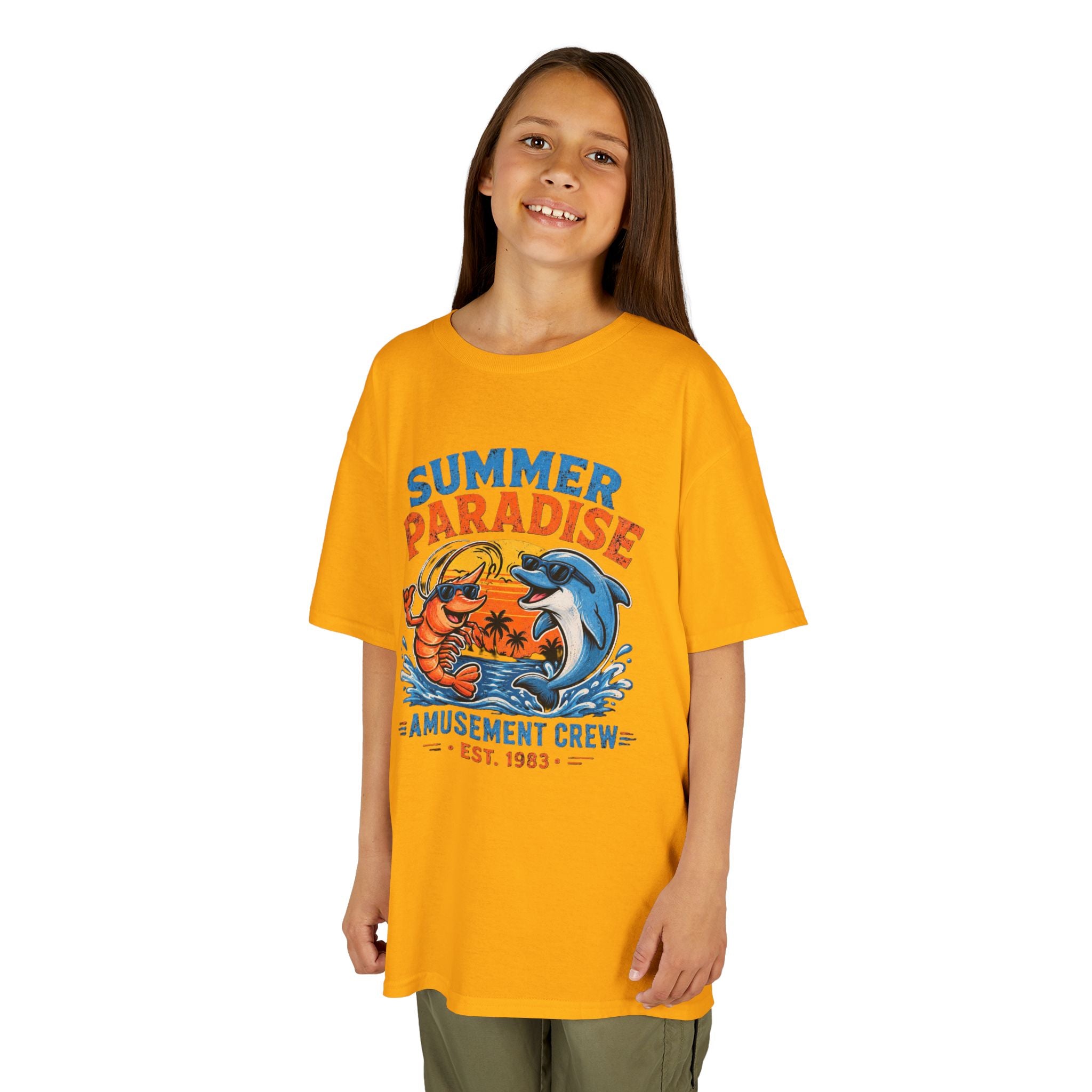 Kids T-Shirt - 'Summer Paradise' Amusement Crew Dolphin & Crab Beach Graphic