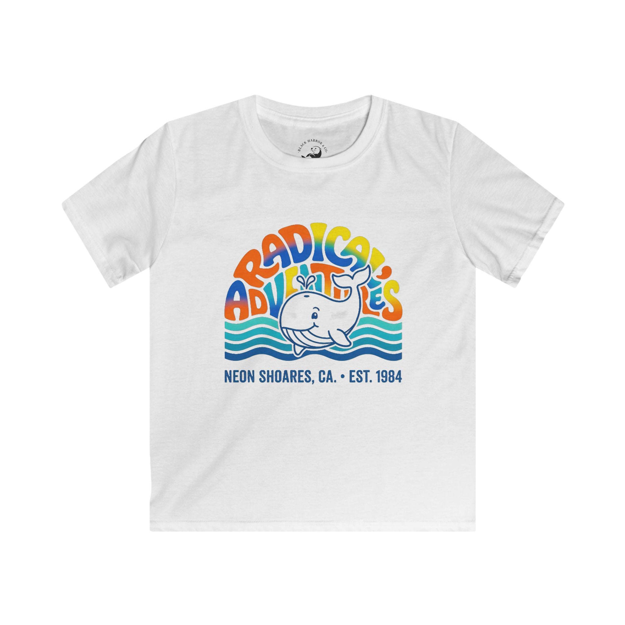 Kids T-Shirt — "Adradicules" Whale Retro Surf Tee (Neon Shores, CA)