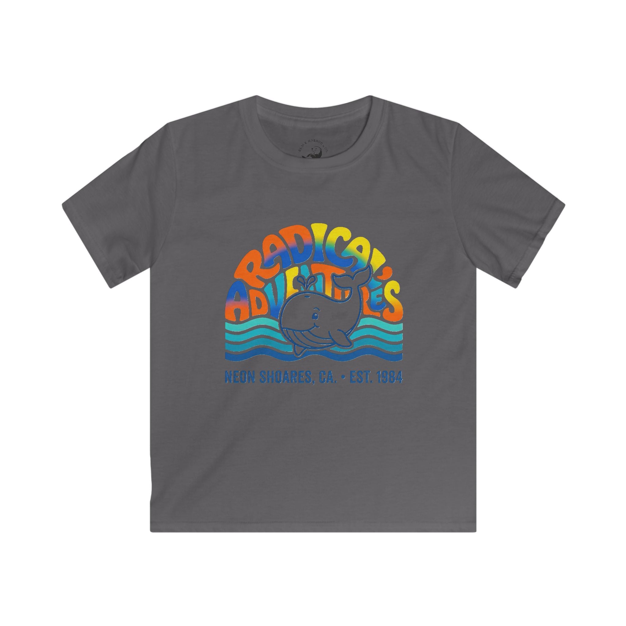 Kids T-Shirt — "Adradicules" Whale Retro Surf Tee (Neon Shores, CA)