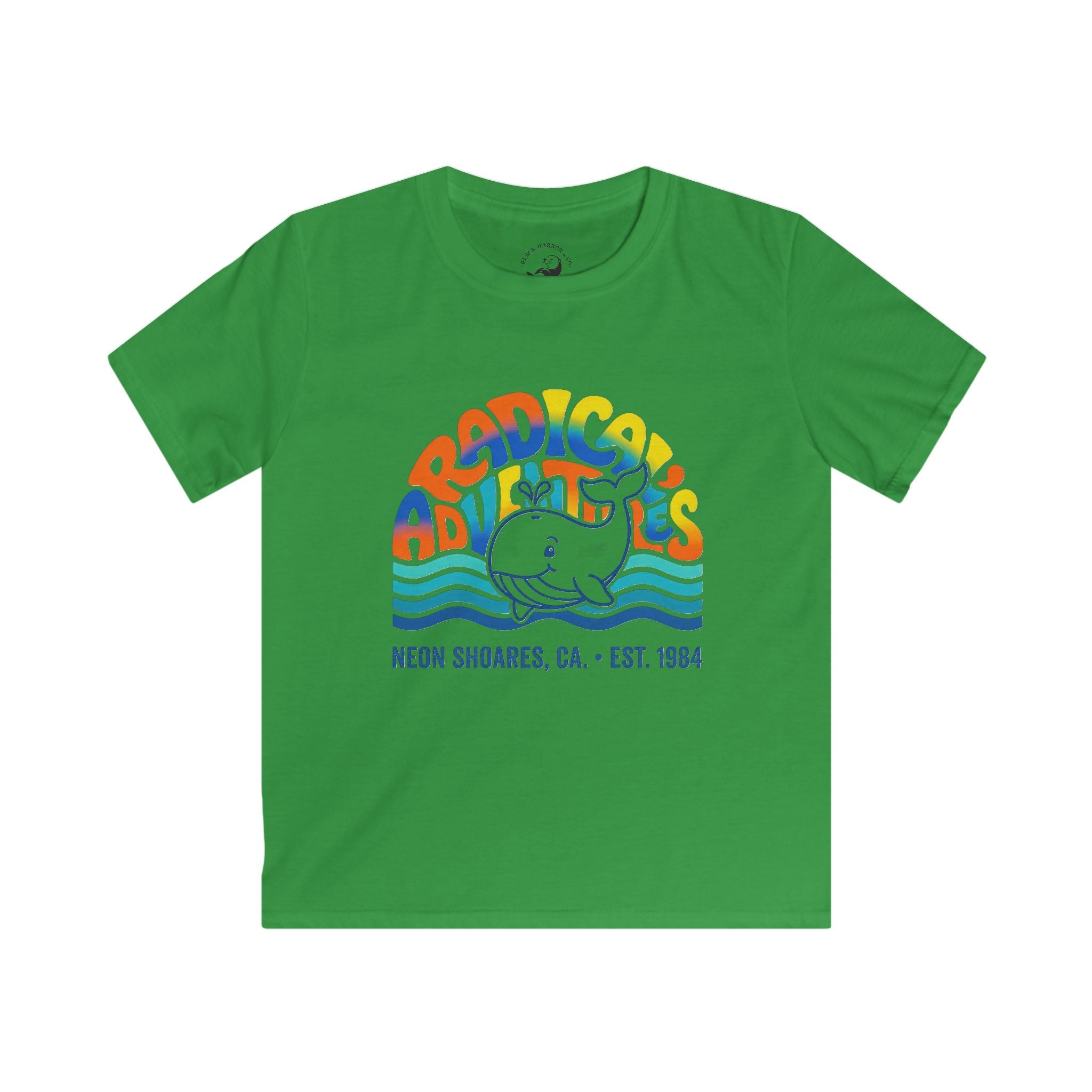 Kids T-Shirt — "Adradicules" Whale Retro Surf Tee (Neon Shores, CA)