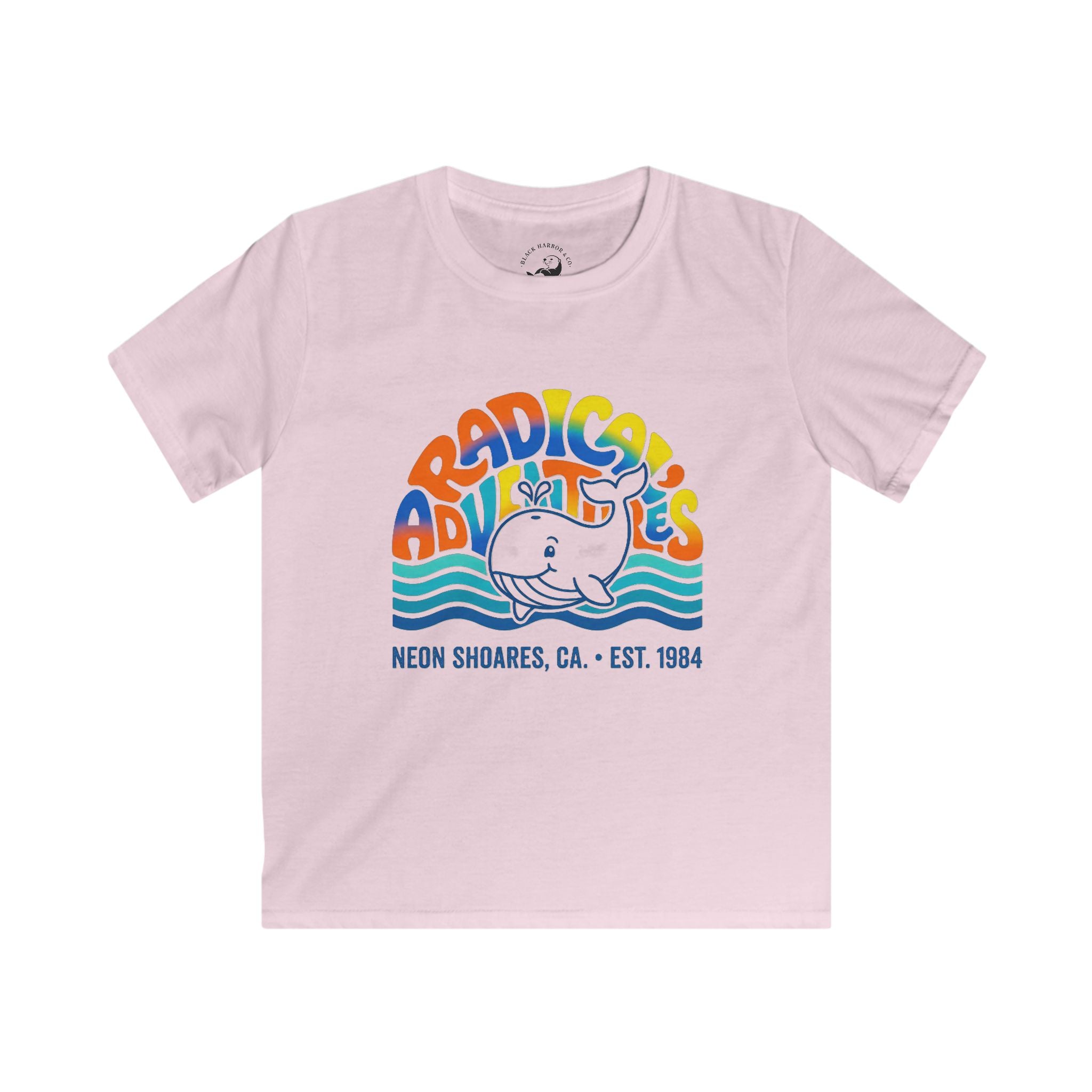 Kids T-Shirt — "Adradicules" Whale Retro Surf Tee (Neon Shores, CA)