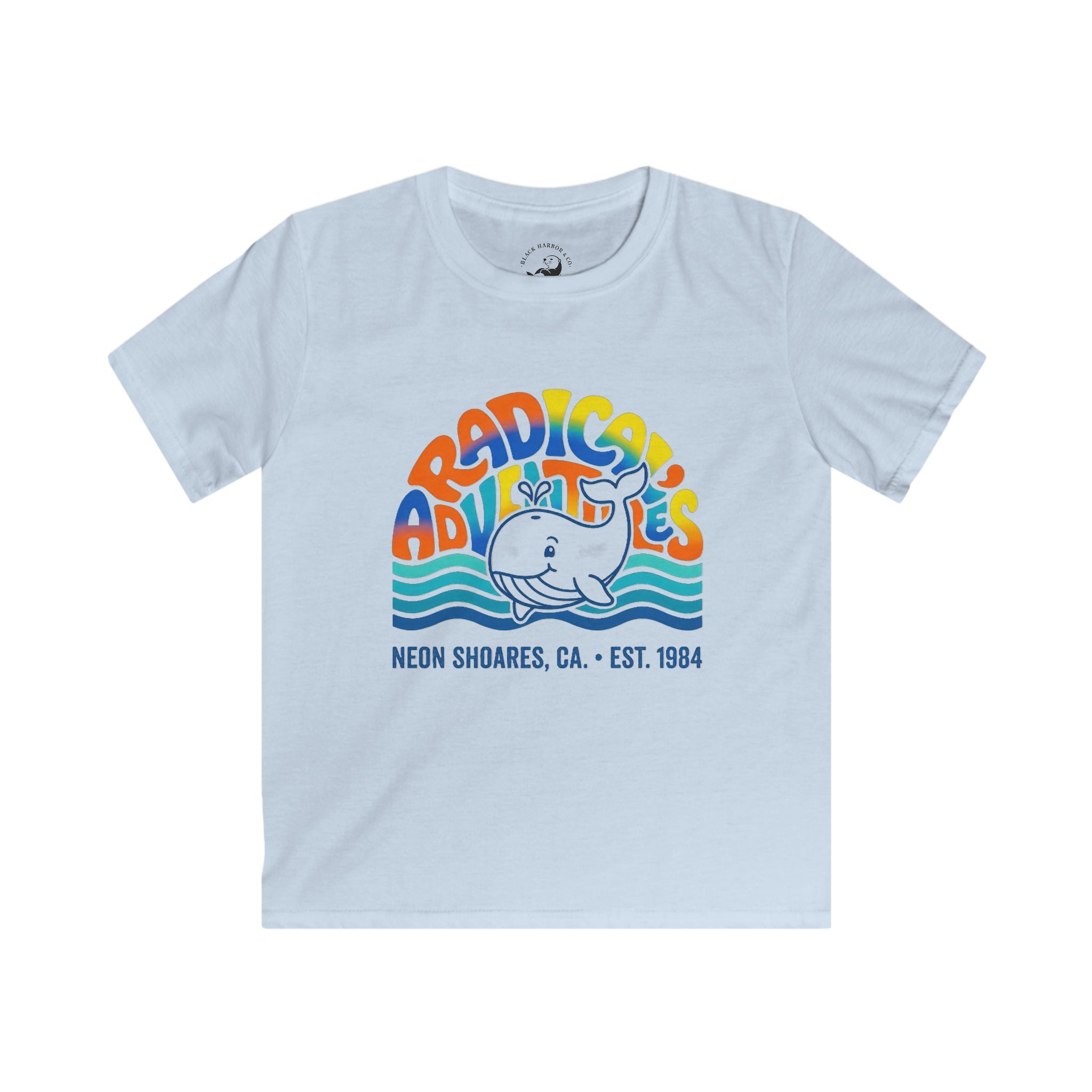 Kids T-Shirt — "Adradicules" Whale Retro Surf Tee (Neon Shores, CA)