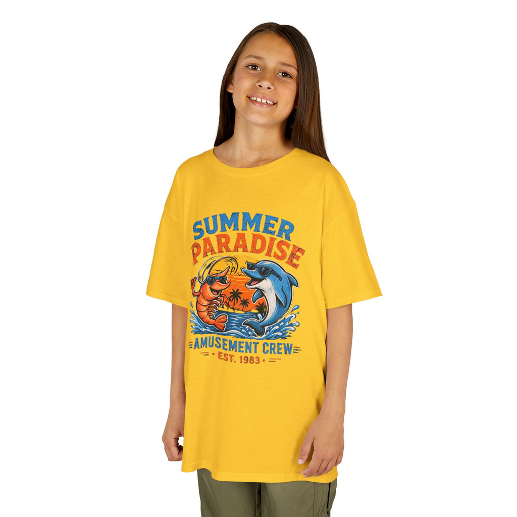 Kids T-Shirt - 'Summer Paradise' Amusement Crew Dolphin & Crab Beach Graphic