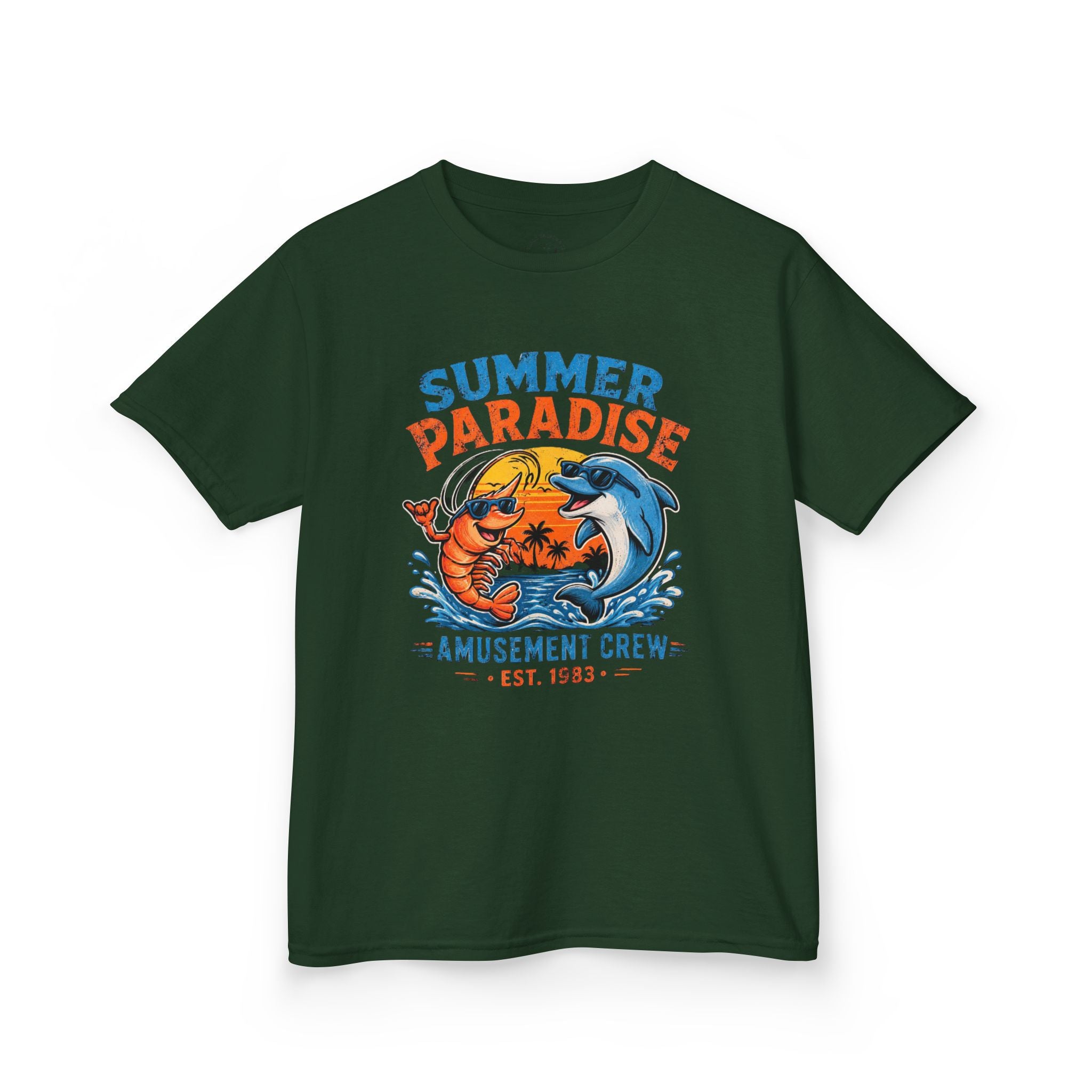 Kids T-Shirt - 'Summer Paradise' Amusement Crew Dolphin & Crab Beach Graphic