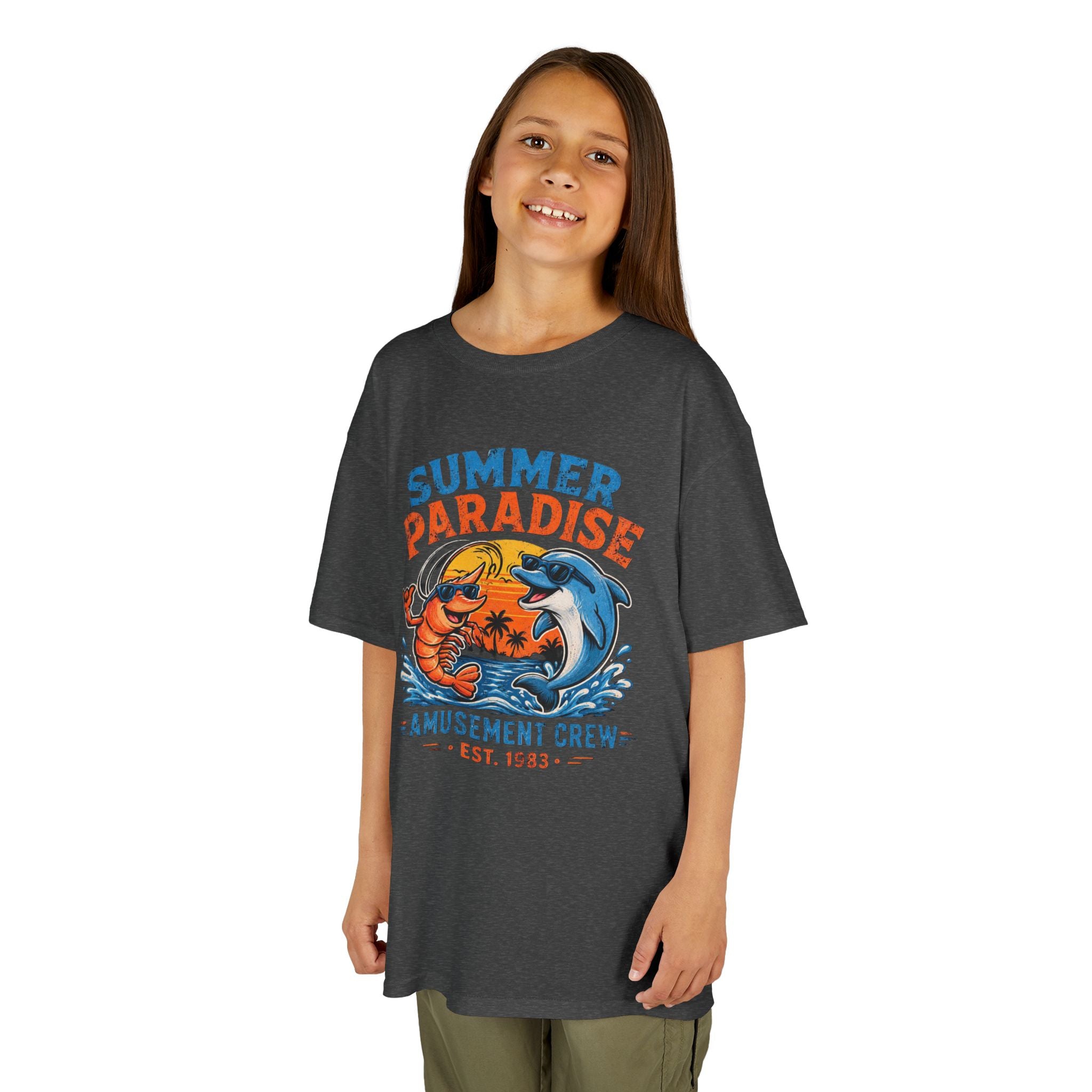 Kids T-Shirt - 'Summer Paradise' Amusement Crew Dolphin & Crab Beach Graphic