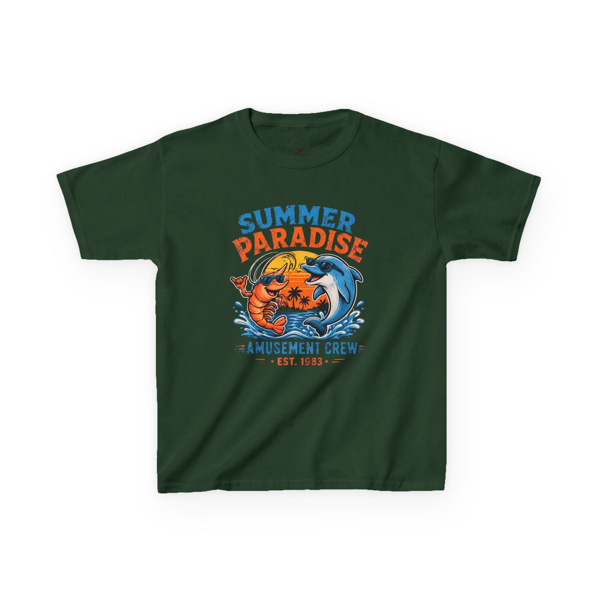 Kids T-Shirt - 'Summer Paradise' Amusement Crew Dolphin & Crab Beach Graphic