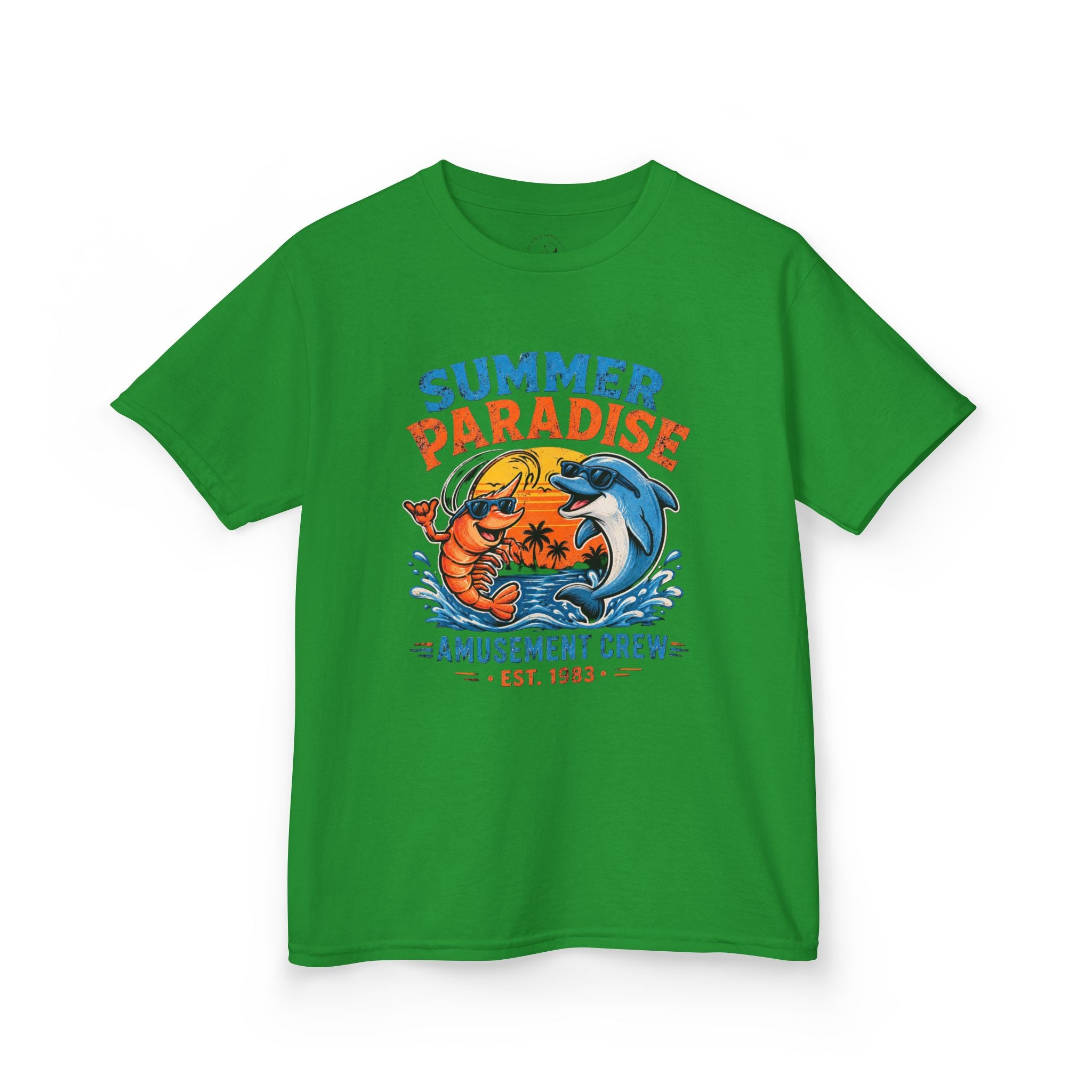 Kids T-Shirt - 'Summer Paradise' Amusement Crew Dolphin & Crab Beach Graphic