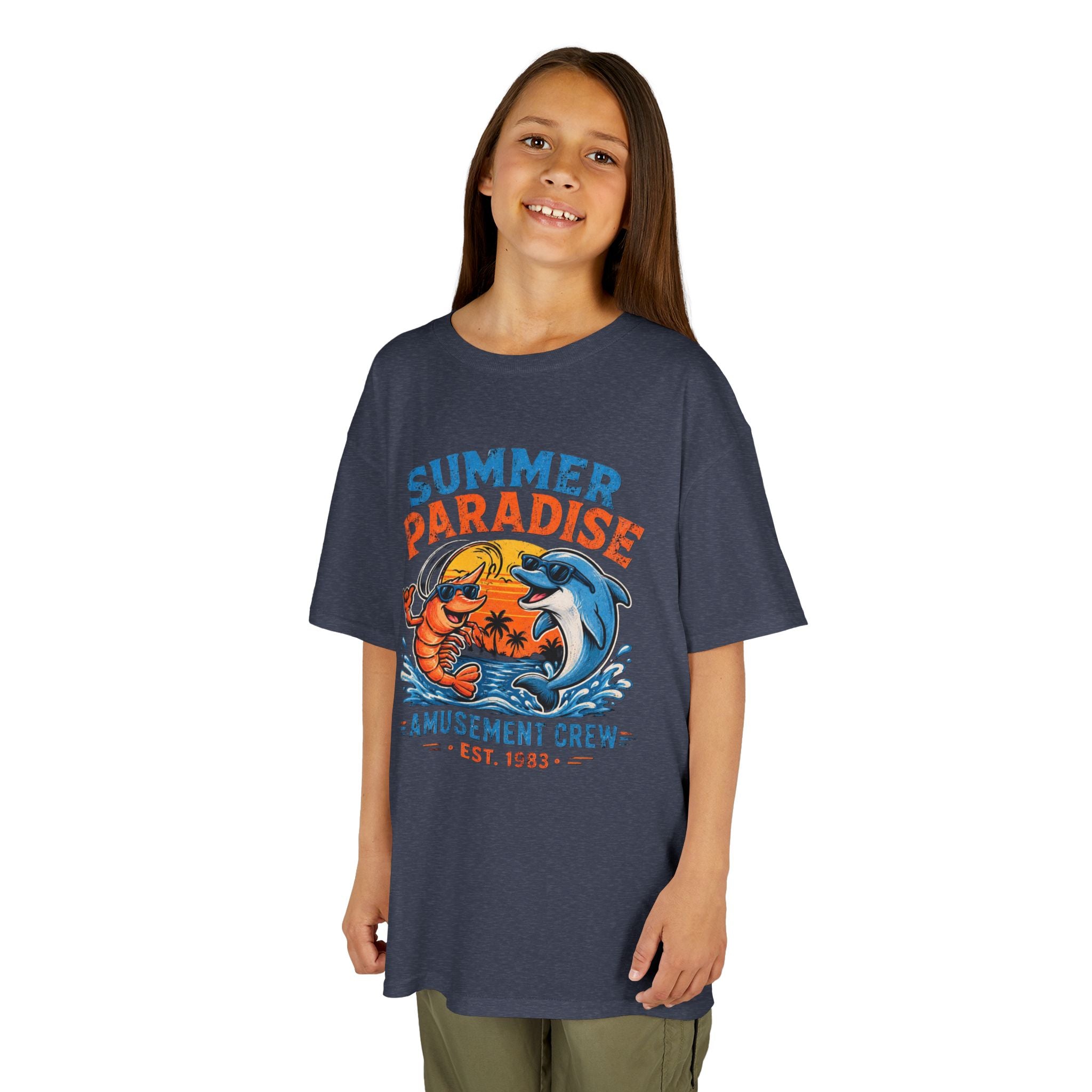 Kids T-Shirt - 'Summer Paradise' Amusement Crew Dolphin & Crab Beach Graphic