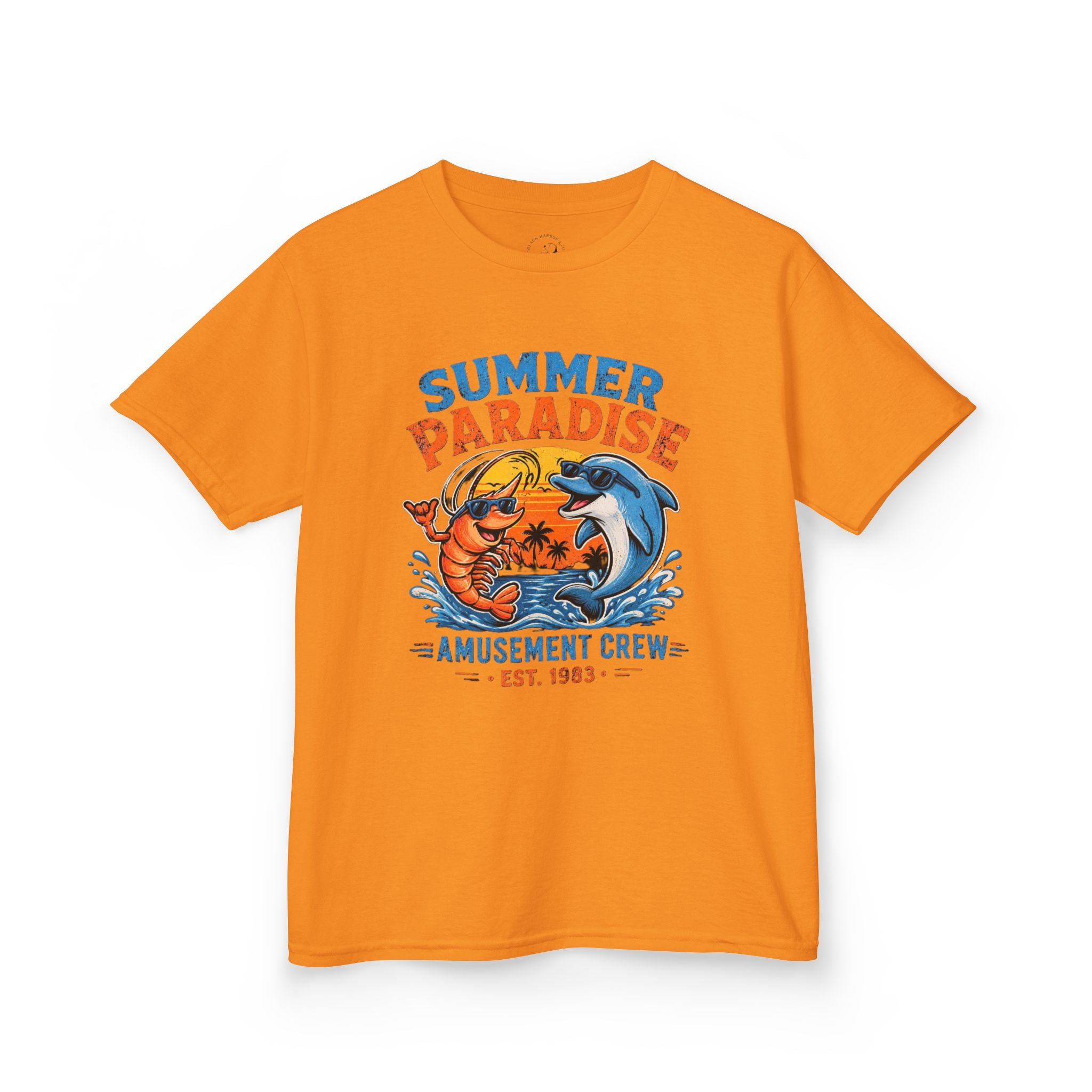 Kids T-Shirt - 'Summer Paradise' Amusement Crew Dolphin & Crab Beach Graphic
