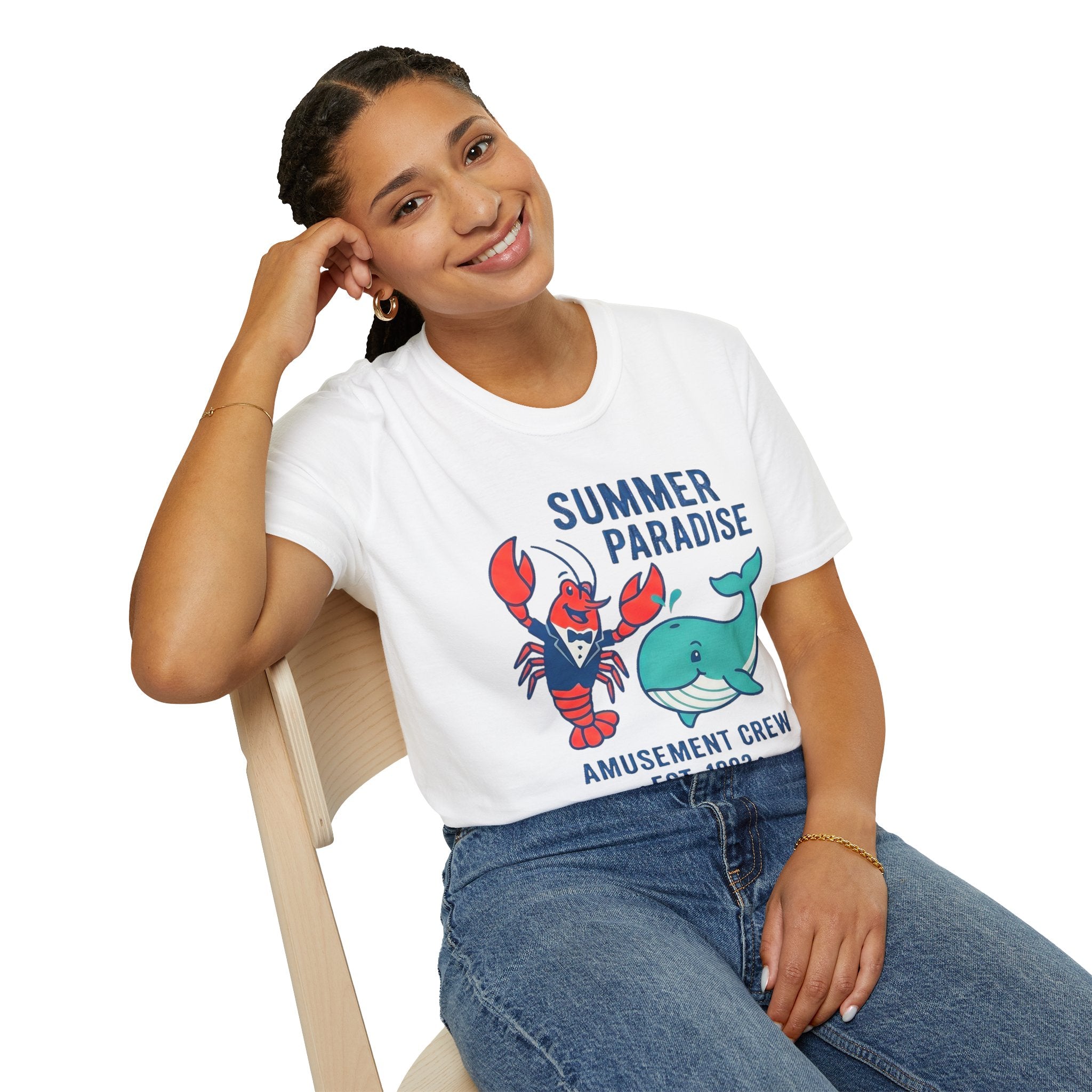 Summer Paradise Adult T-Shirt — Amusement Crew Whale & Lobster Graphic