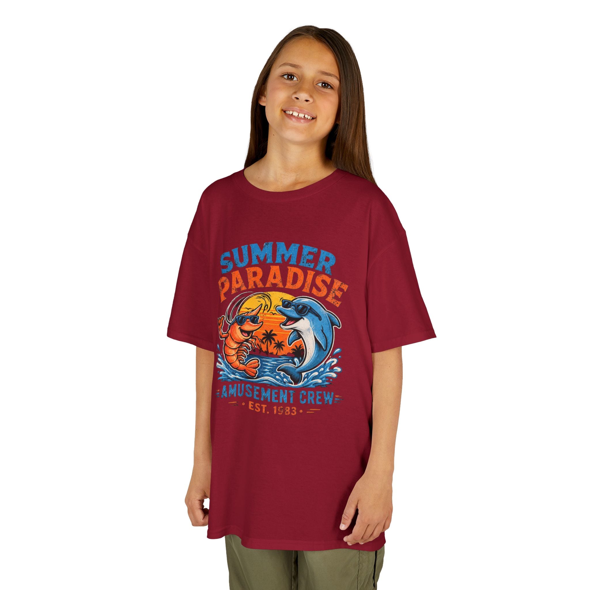 Kids T-Shirt - 'Summer Paradise' Amusement Crew Dolphin & Crab Beach Graphic
