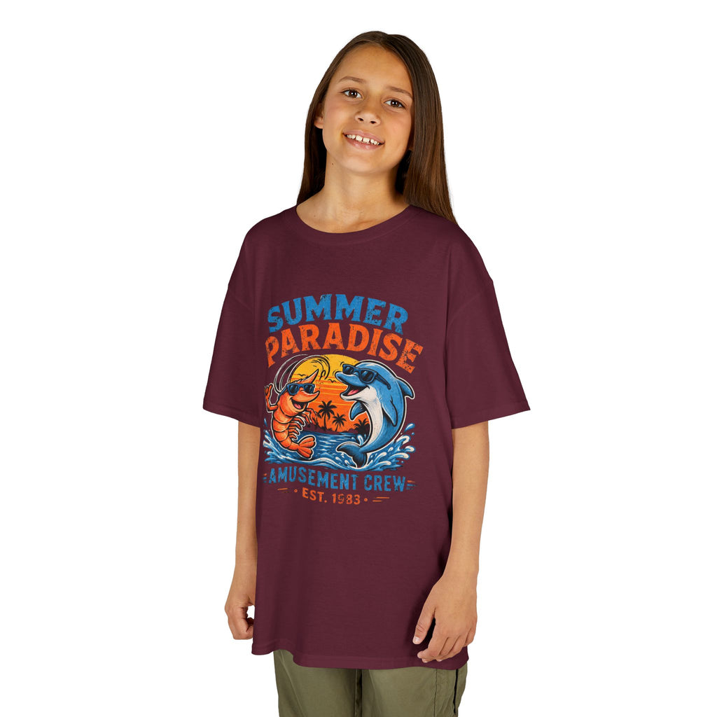 Kids T-Shirt - 'Summer Paradise' Amusement Crew Dolphin & Crab Beach Graphic