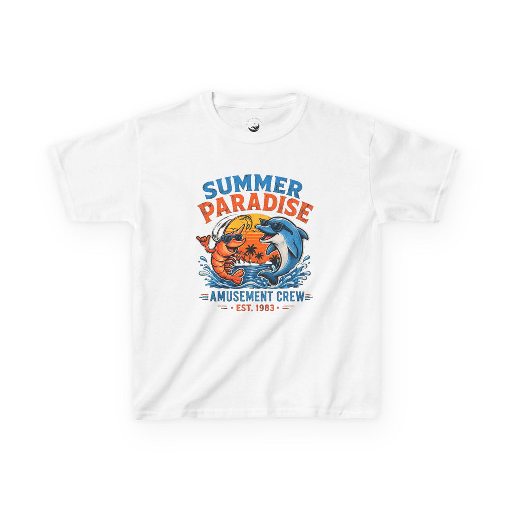 Kids T-Shirt - 'Summer Paradise' Amusement Crew Dolphin & Crab Beach Graphic