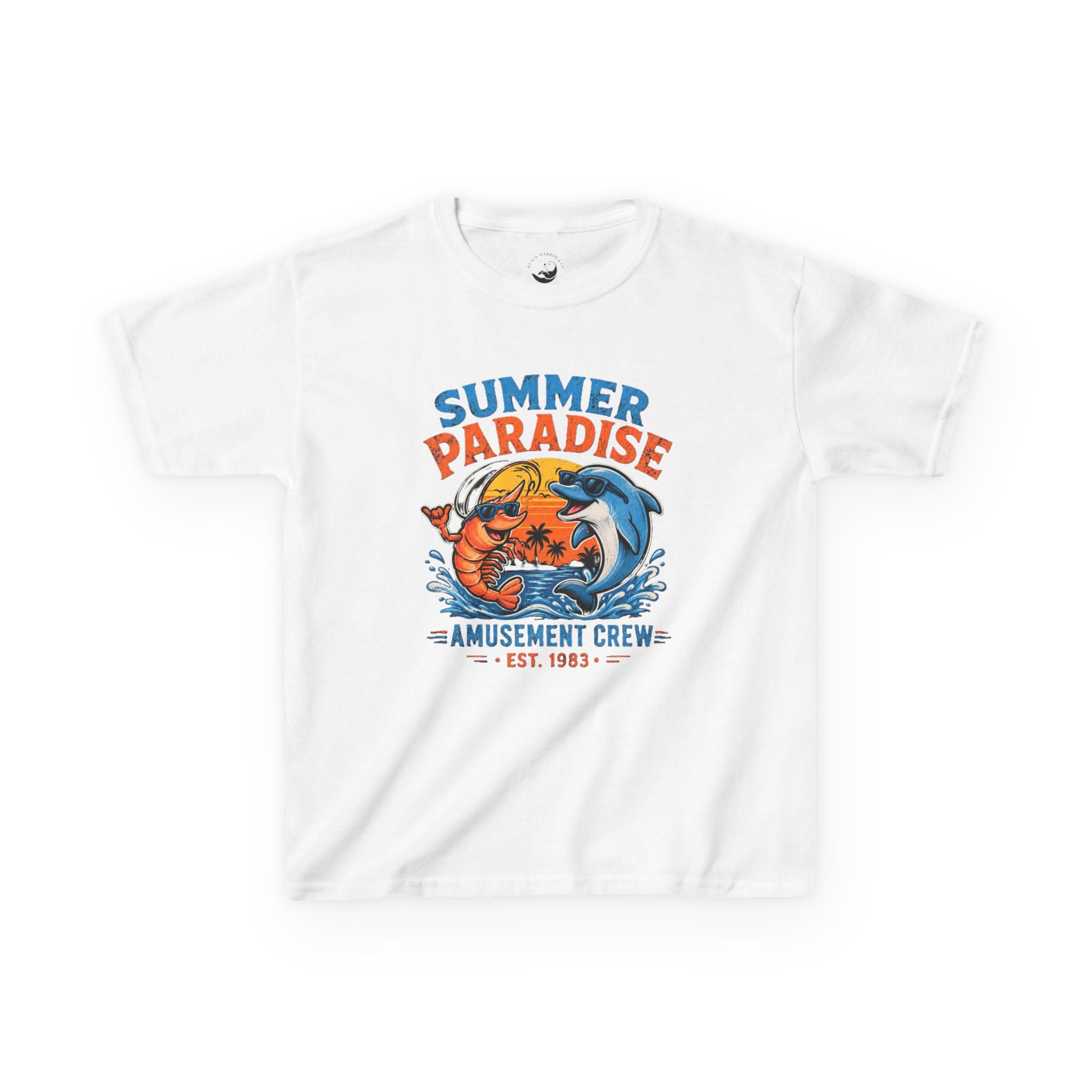 Kids T-Shirt - 'Summer Paradise' Amusement Crew Dolphin & Crab Beach Graphic