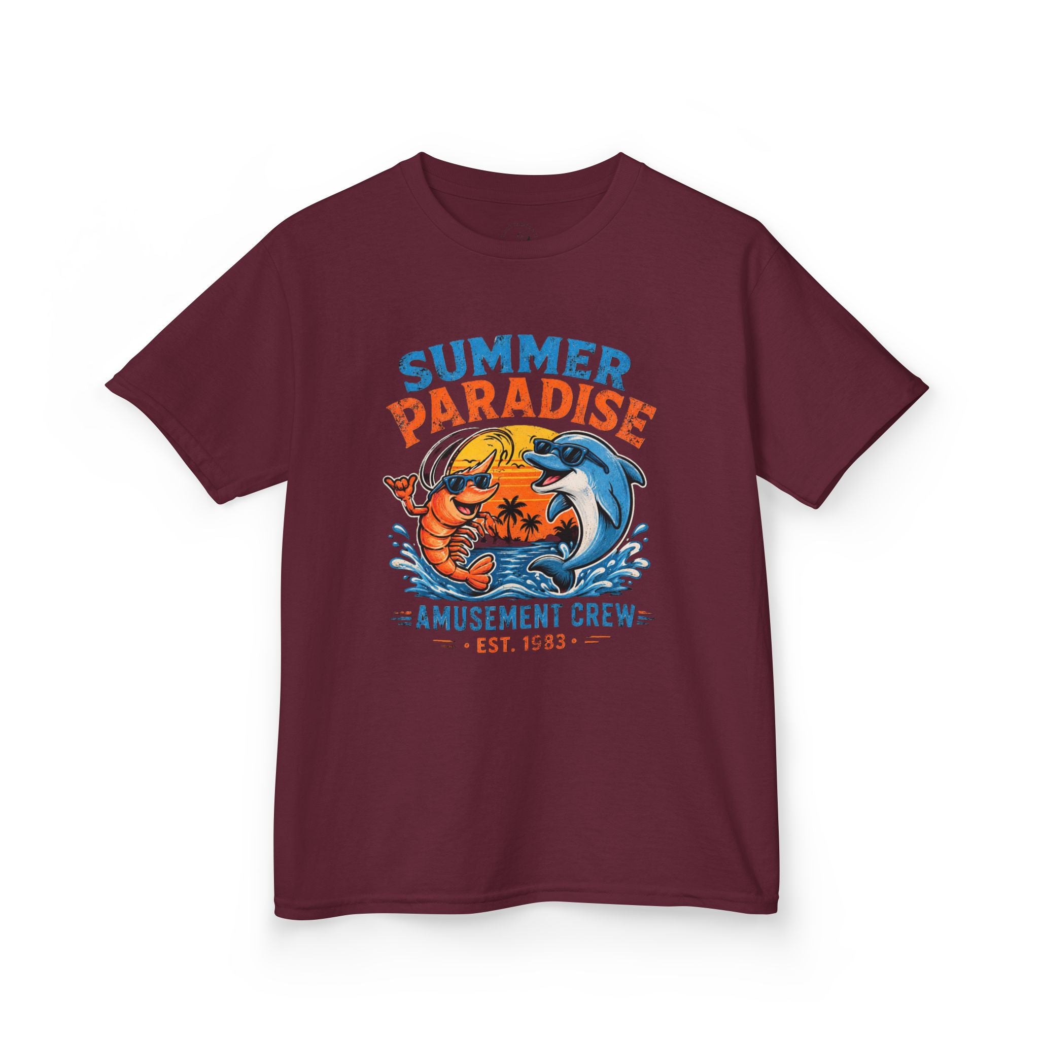 Kids T-Shirt - 'Summer Paradise' Amusement Crew Dolphin & Crab Beach Graphic