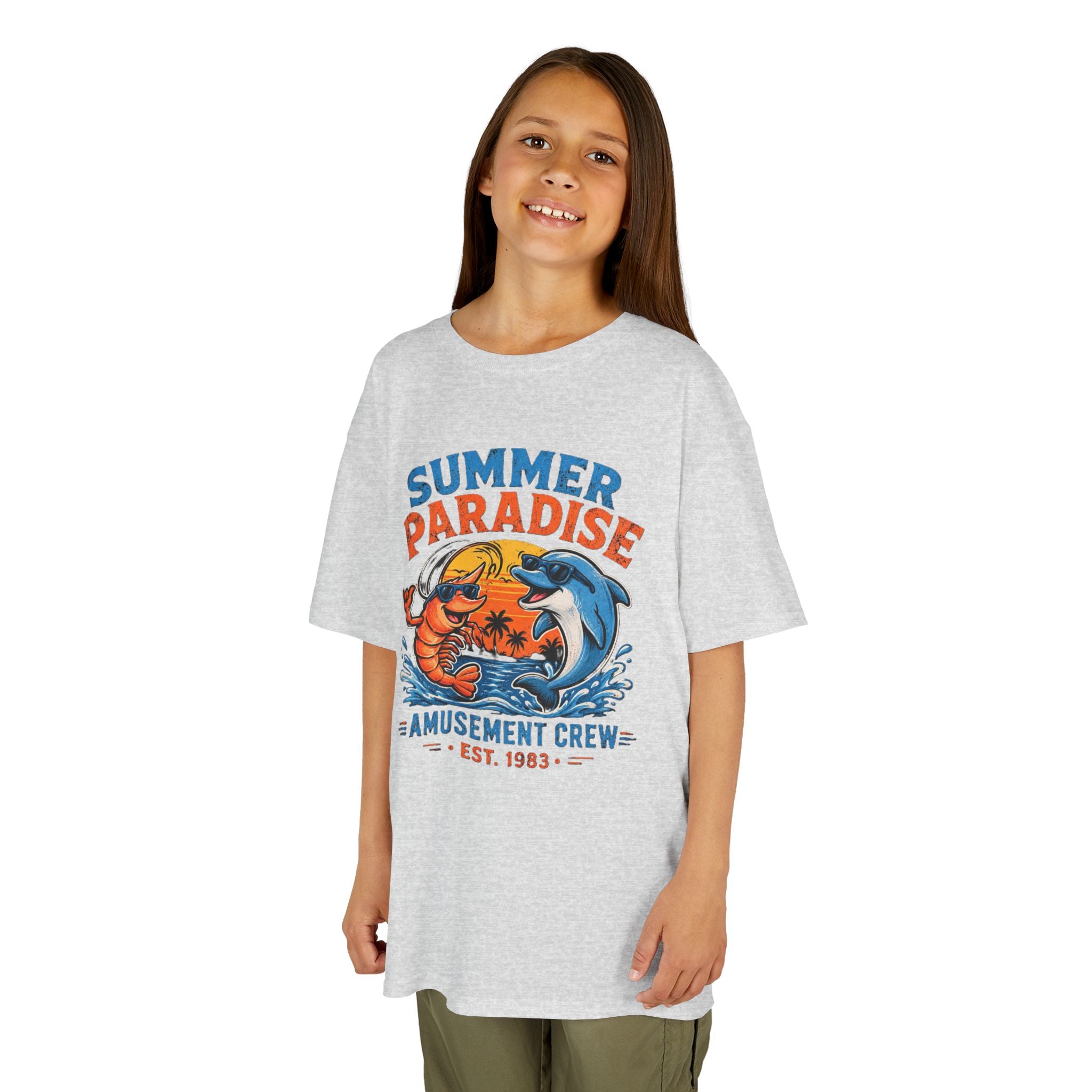 Kids T-Shirt - 'Summer Paradise' Amusement Crew Dolphin & Crab Beach Graphic